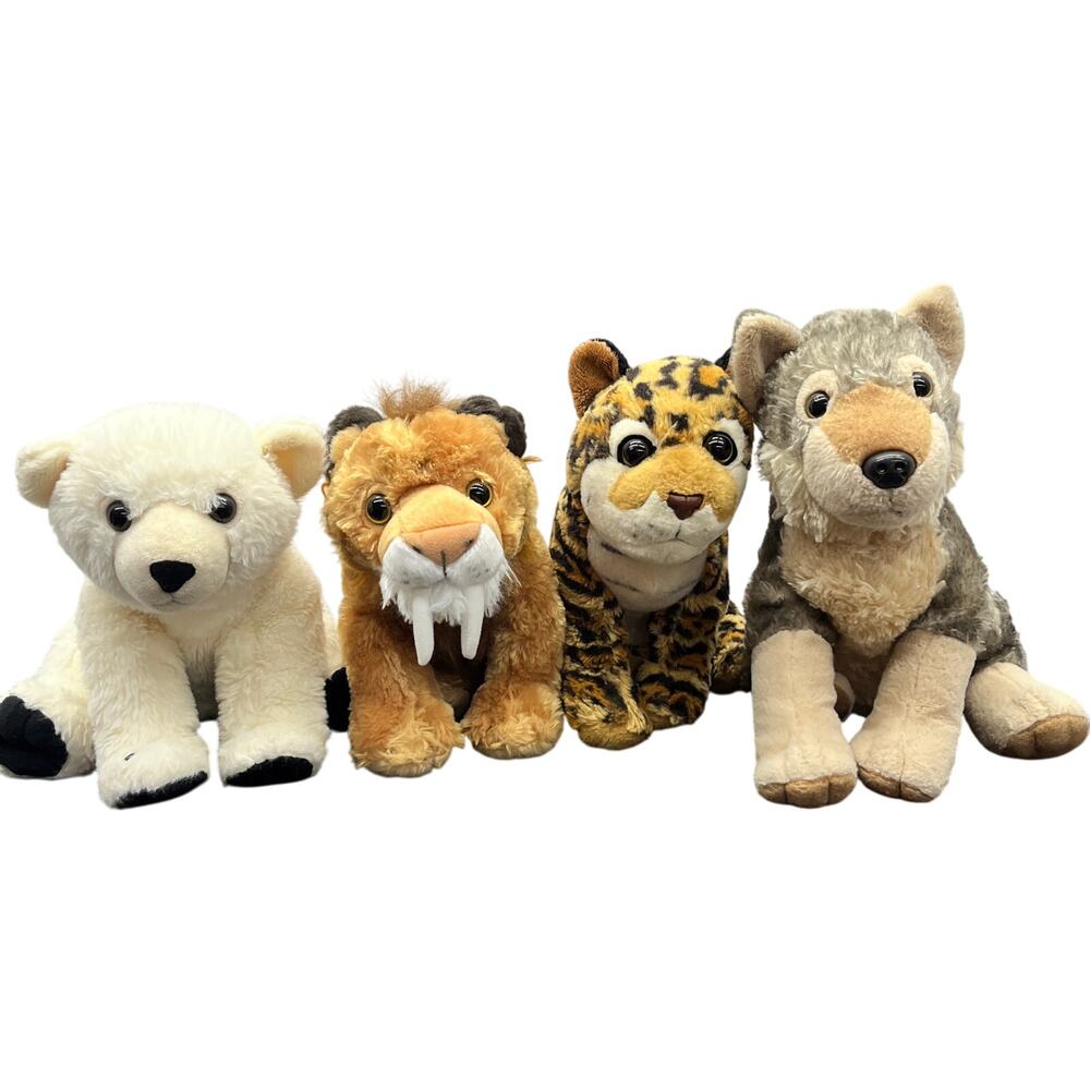 Wild Republic Plush Toys Lot of 4 Sabretooth Tiger Polar Bear Ocelot Wolf 10-12"
